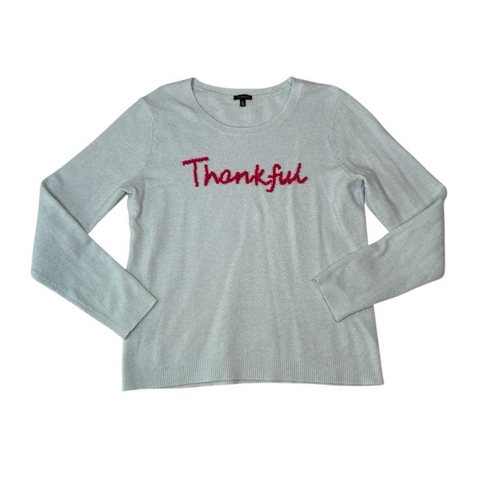 Talbots Light Blue “Thankful” Script Sweater Size Medium